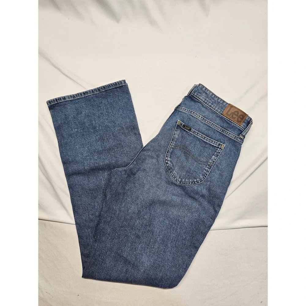 Lee Womens Medium Wash Straight Leg Jeans Side Slit Hem Blue‎ Denim Size 12